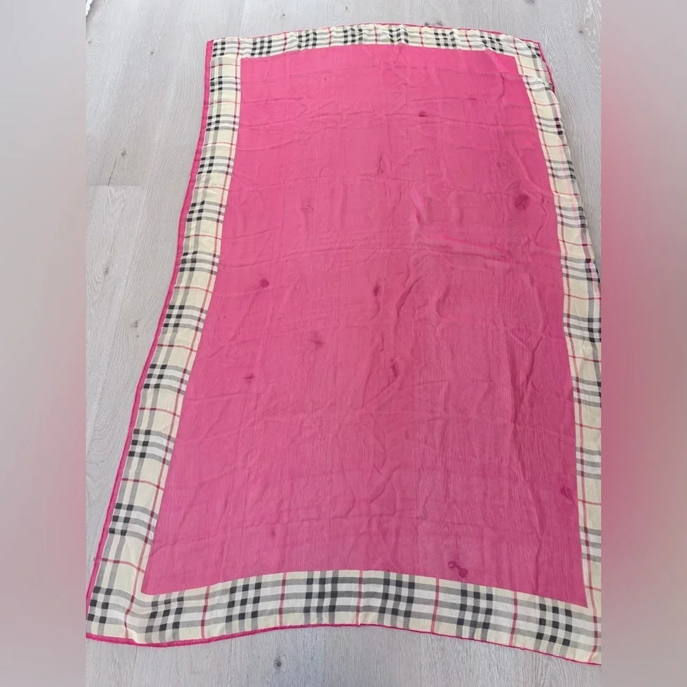 Pink Boho Vintage Sheer Scarf or Beach Wrap Shawl Cover up with Plaid Trim 67*42